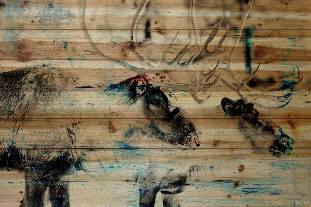 "Conversating Deer" Painting Print on Natural Pine Wood, 45"x30"