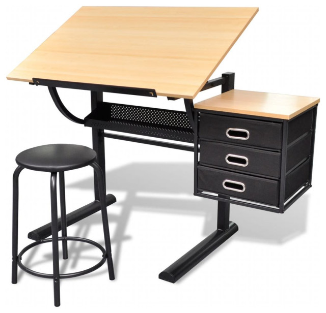 vidaXL Adjustable Drawing Table with Stool 3 Drawers Tiltable Work