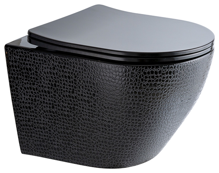 Luxury Round Wall-Mount Toilet Rimless Flushing Ceramic, Black