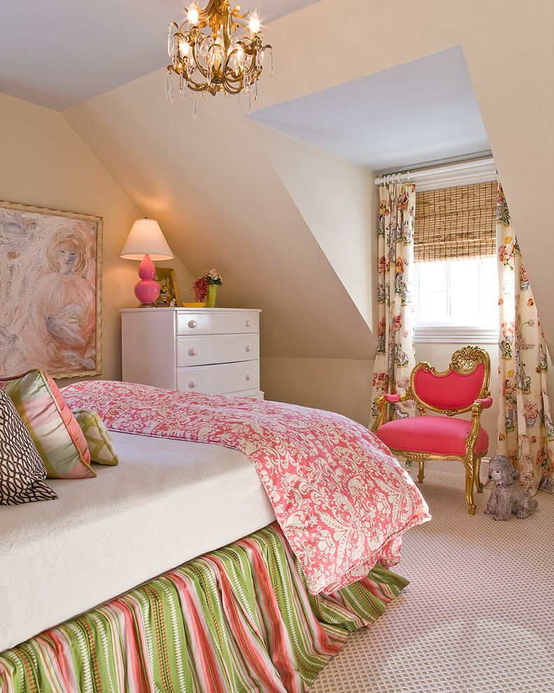 This is an example of a transitional kids' bedroom for kids 4-10 years old and girls in Boston with beige walls and carpet.