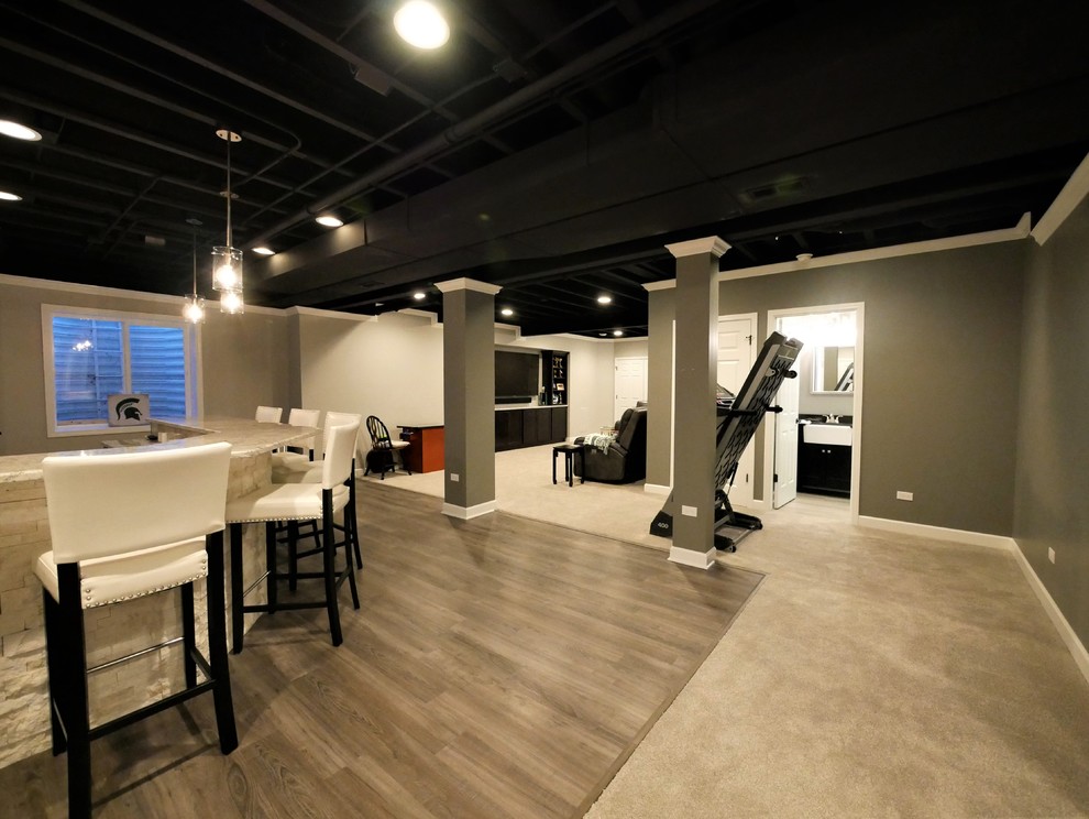 Large contemporary look-out basement in Chicago with grey walls, carpet, no fireplace and beige floor.