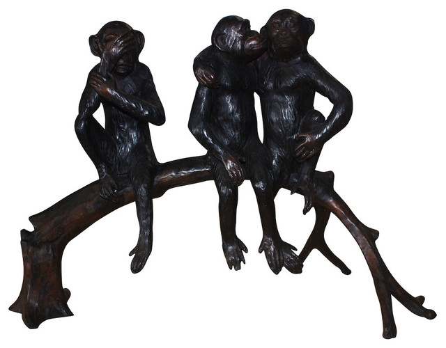 Three Monkeys On A Tree Log Statue