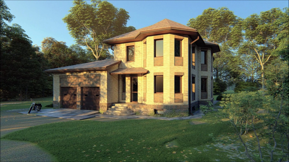Проект двухэтажного дома с гаражом на два автомобиля и цоколем