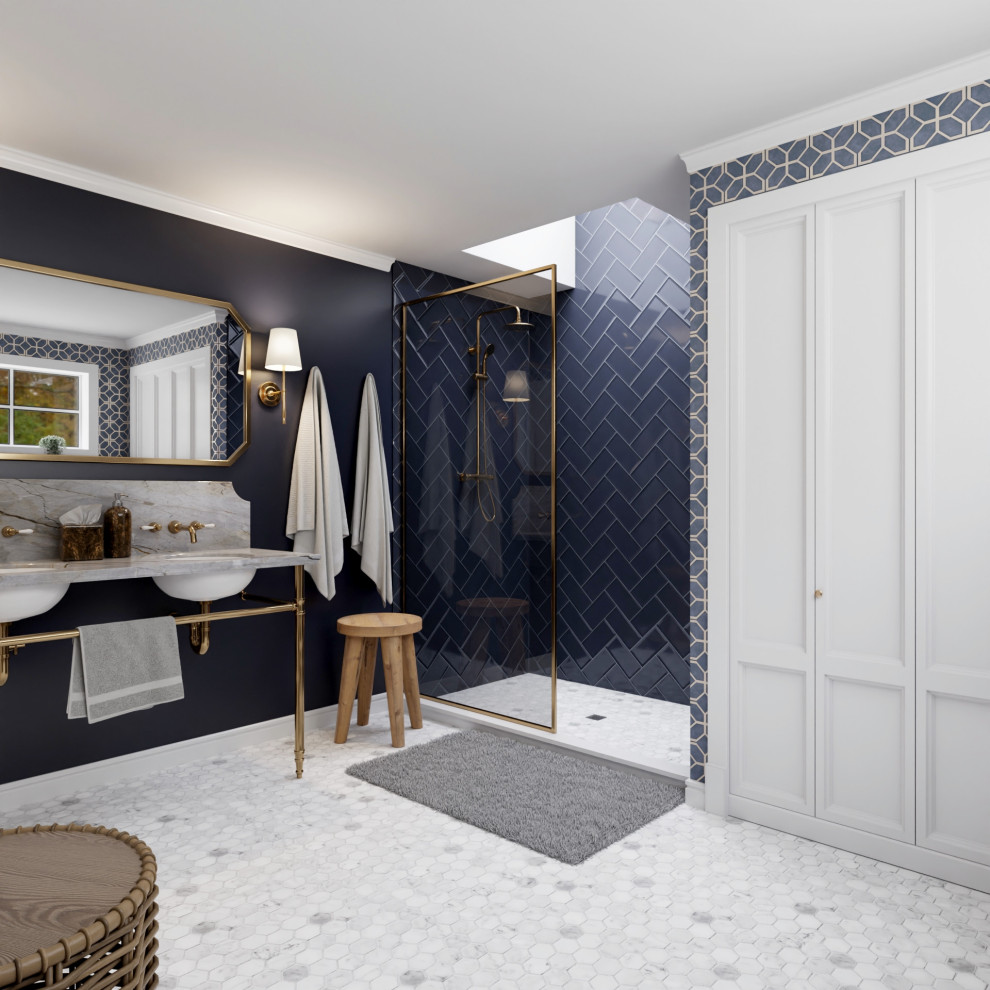 На фото: маленькая ванная комната в стиле неоклассика (современная классика) с душем в нише, раздельным унитазом, синей плиткой, стеклянной плиткой, синими стенами, мраморным полом, душевой кабиной, мраморной столешницей, серым полом, открытым душем, серой столешницей, тумбой под две раковины, напольной тумбой, обоями на стенах и накладной раковиной для на участке и в саду с
