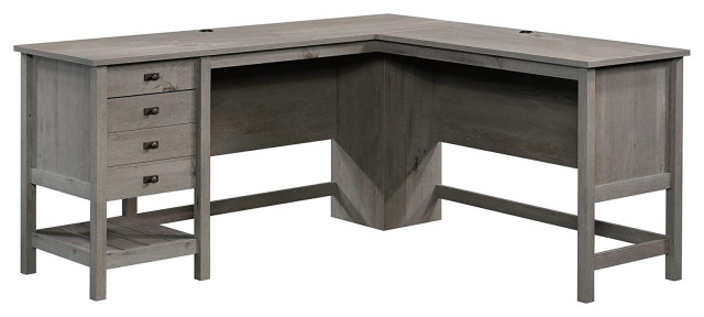 L-Shaped Desk, 2 Full Extension Drawers & Shelf With Grooved Pattern, Mystic Oak