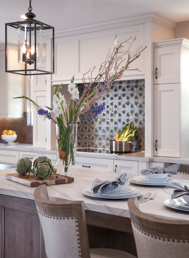 Inspiration for a transitional kitchen remodel in San Diego with quartzite countertops, blue backsplash and glass tile backsplash