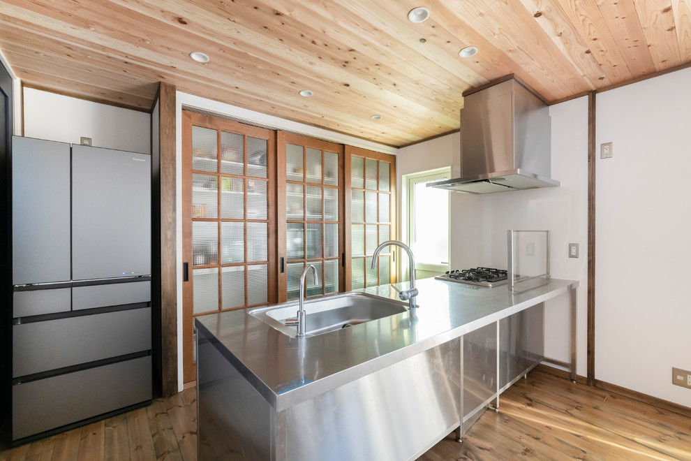 Design ideas for an industrial single-wall kitchen in Other with stainless steel benchtops, medium hardwood floors, a single-bowl sink and a peninsula.