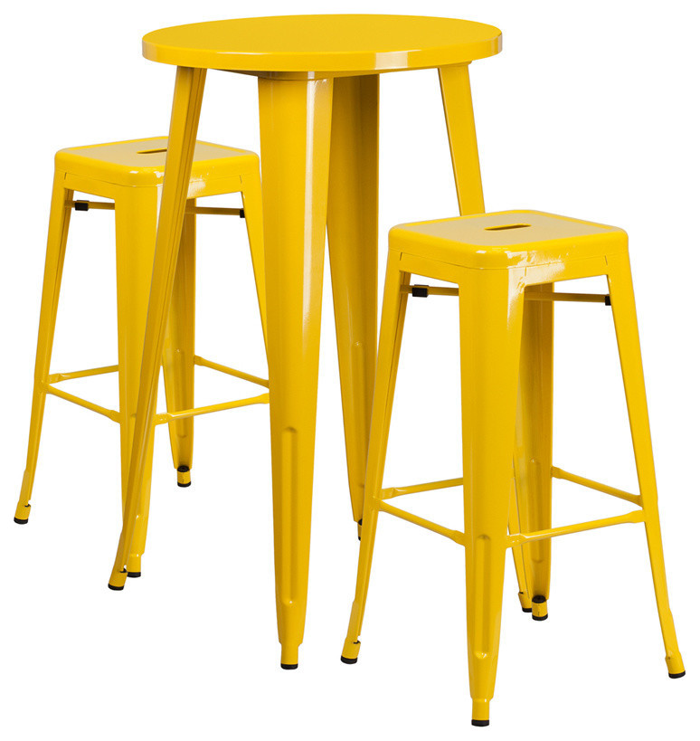 24'' Round Yellow Metal Indoor-Outdoor Bar Table-2 Sq Seat Backless Barstools