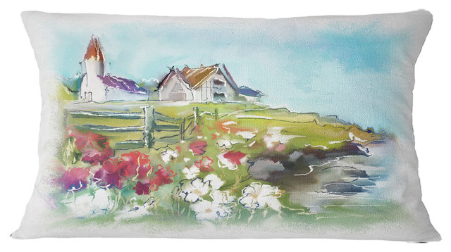 Buildings in Green Meadow Landscape Painting Throw Pillow, 12"x20"