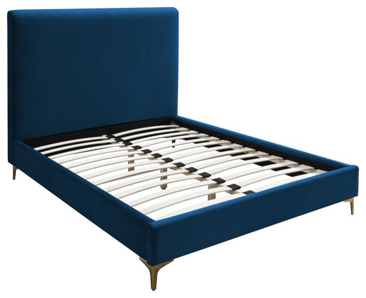 UptownModern Solid Wood/Velvet Fabric Upholstered Queen Bed in Blue