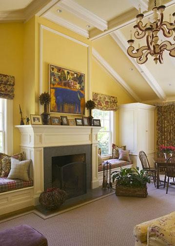 Large traditional formal enclosed living room in San Francisco with yellow walls, carpet, a standard fireplace, a wood fireplace surround, grey floor and a concealed tv.