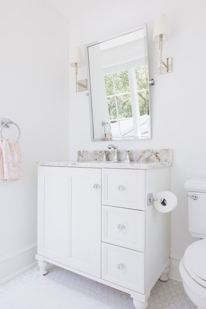 South Coast Farmhouse - White and gray teen bathroom with glass-enclosed shower.