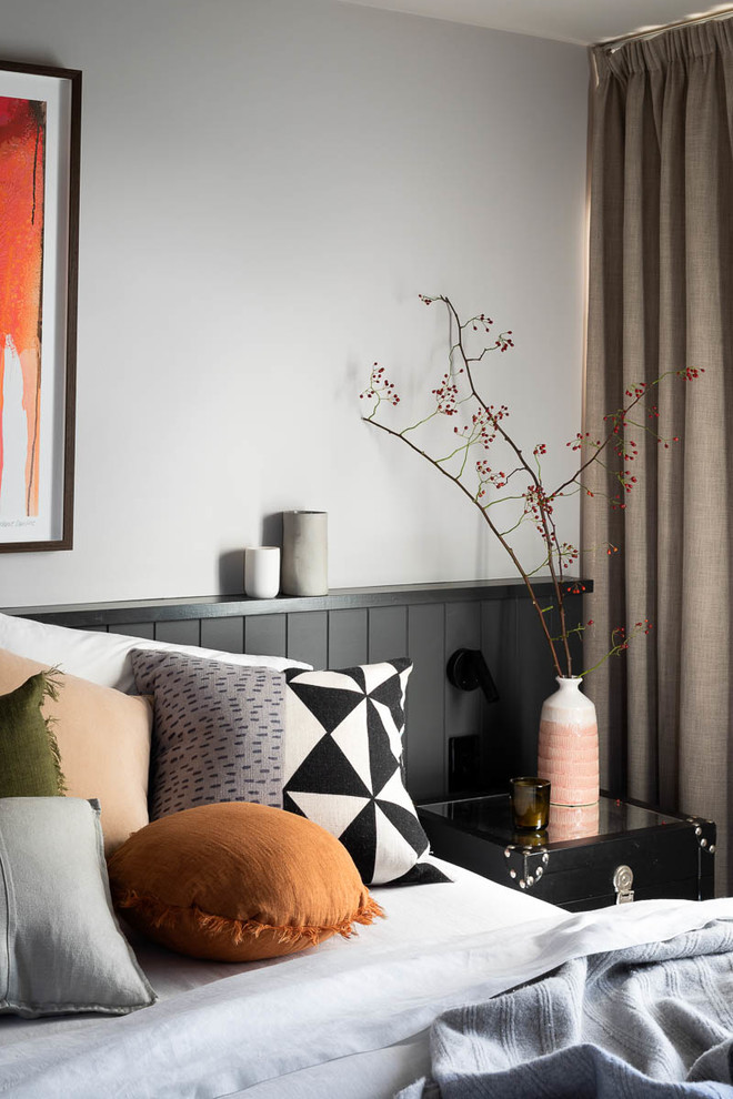Inspiration for a large contemporary master bedroom in Melbourne with grey walls, carpet, no fireplace and blue floor.