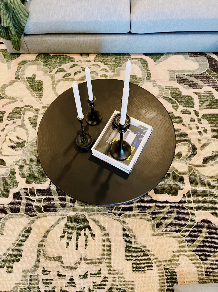Inspiration for a large modern walk-out vinyl floor and beige floor basement remodel with a bar, beige walls, a corner fireplace and a tile fireplace