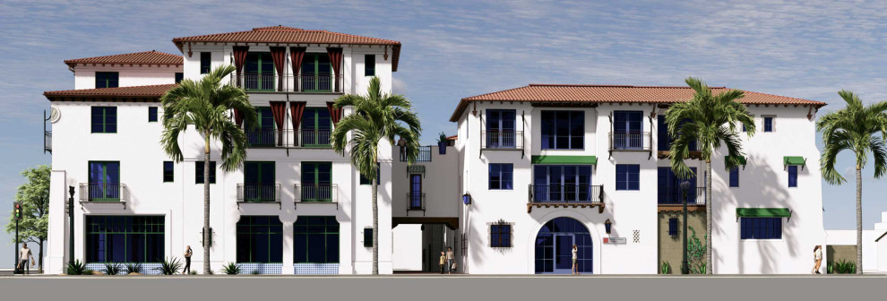 Geräumiges Mediterranes Wohnung mit Putzfassade, weißer Fassadenfarbe, Ziegeldach und rotem Dach in Santa Barbara