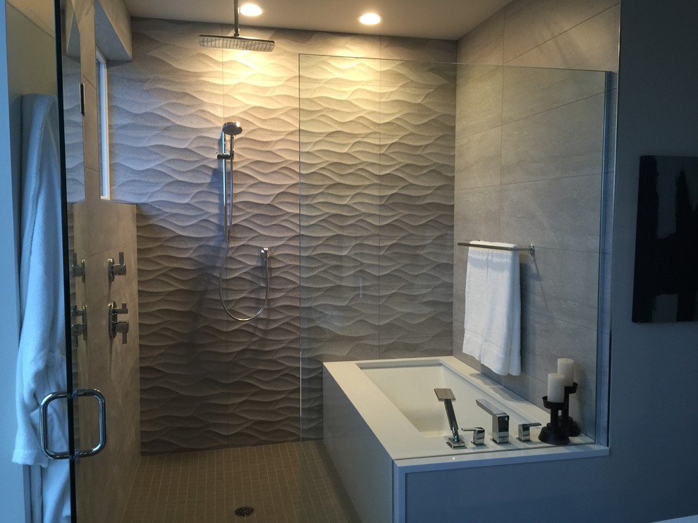 This is an example of a small contemporary master bathroom in Seattle with flat-panel cabinets, dark wood cabinets, an undermount tub, an alcove shower, beige tile, ceramic tile, grey walls, porcelain floors, a vessel sink, quartzite benchtops, grey floor and a hinged shower door.