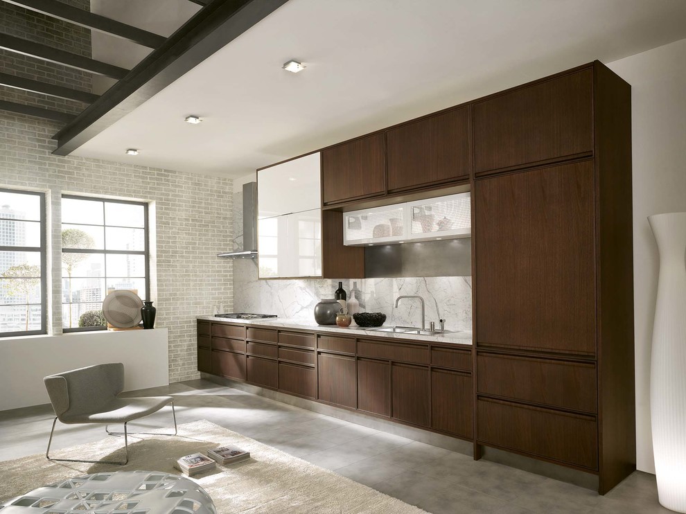 Open concept kitchen - transitional single-wall open concept kitchen idea with flat-panel cabinets