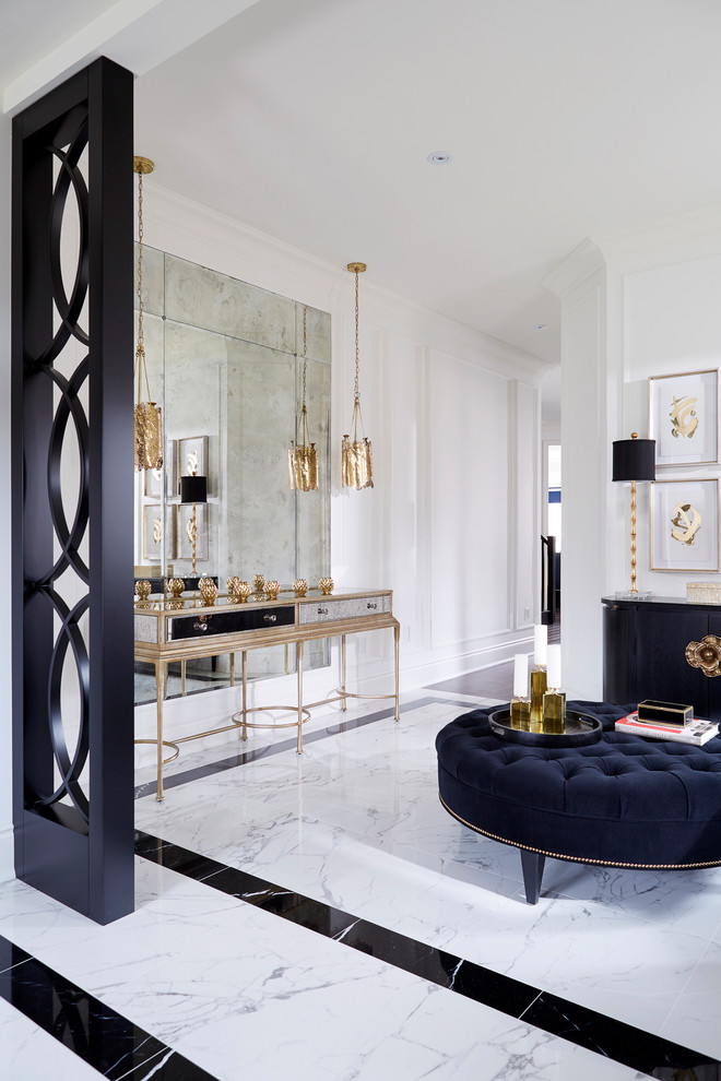 Mid-sized transitional porcelain tile and white floor foyer photo in Toronto with white walls