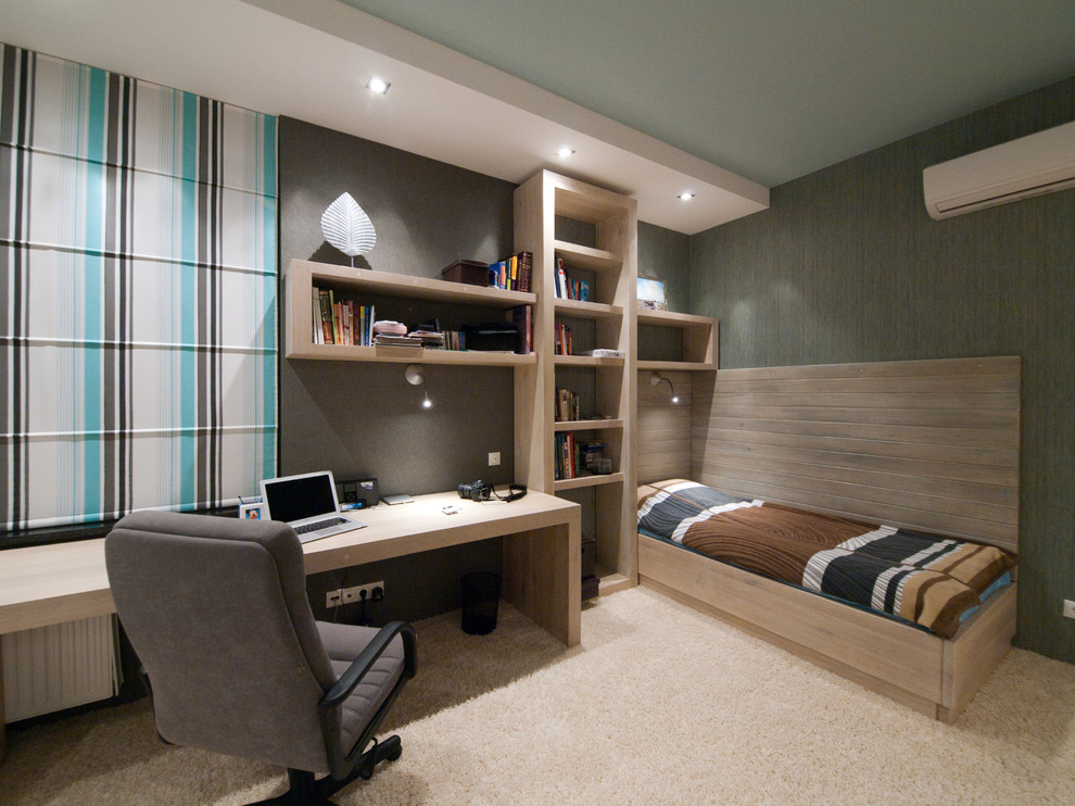 Photo of a contemporary bedroom in Other with grey walls and carpet.