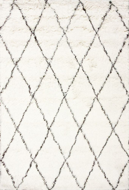 Hand Made Geometric Moroccan Wool Shag Rug, Ivory, 8'x10'