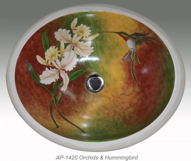 Orchids and Hummingbirds hand painted lavatory sink