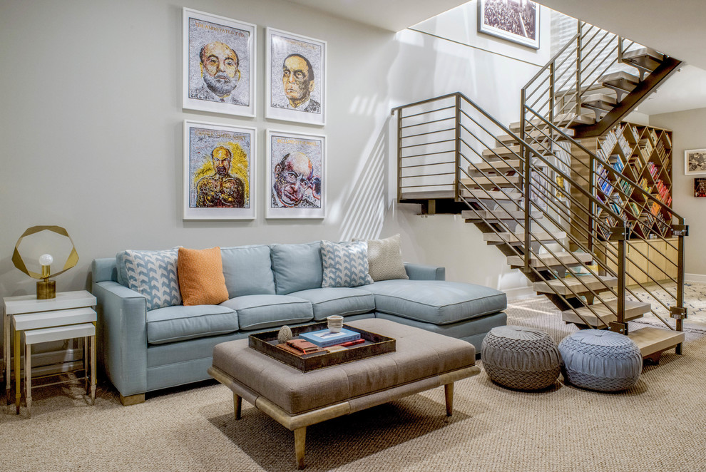 Contemporary family room in Philadelphia with grey walls, carpet and beige floor.