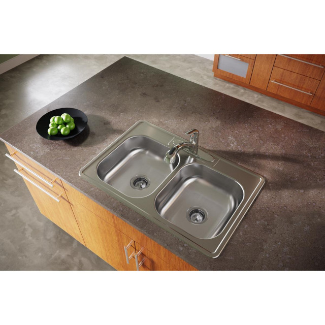 D23322 Dayton Stainless Steel 33" x 22" Equal Double Bowl Dropin Sink