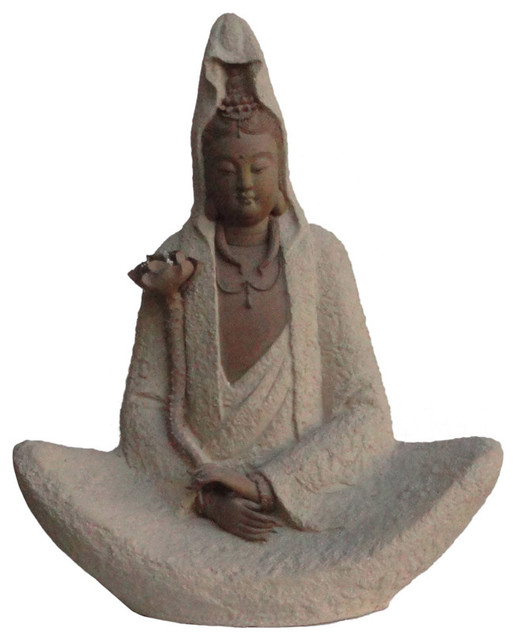 Chinese Ceramic Kwan Yin Guan Yon Sitting Buddha Statue Figurine