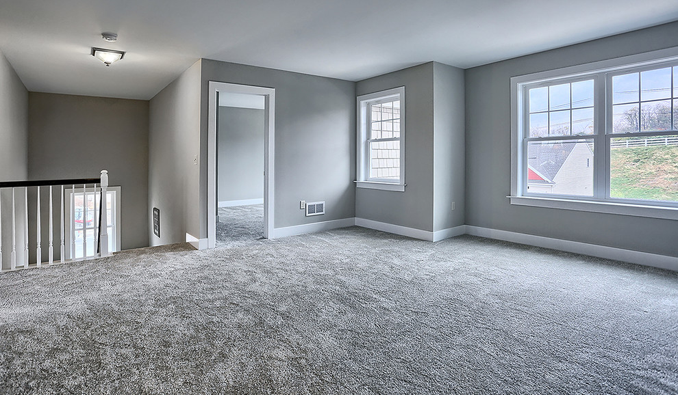 Photo of a large transitional loft-style family room in Other with beige walls, carpet and beige floor.