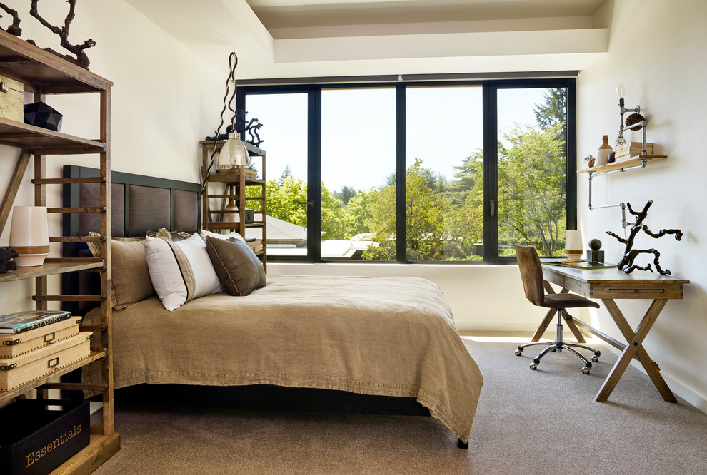 Inspiration for a transitional bedroom in Phoenix with white walls, carpet and grey floor.