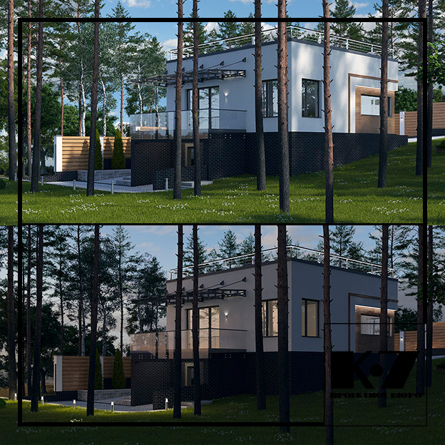 Экстерьер гостевого дома с консольным навесом на две машины и забором