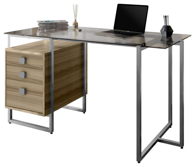 Contemporary Desk, Metal Legs With 3 Side Drawers & Rectangular Glass