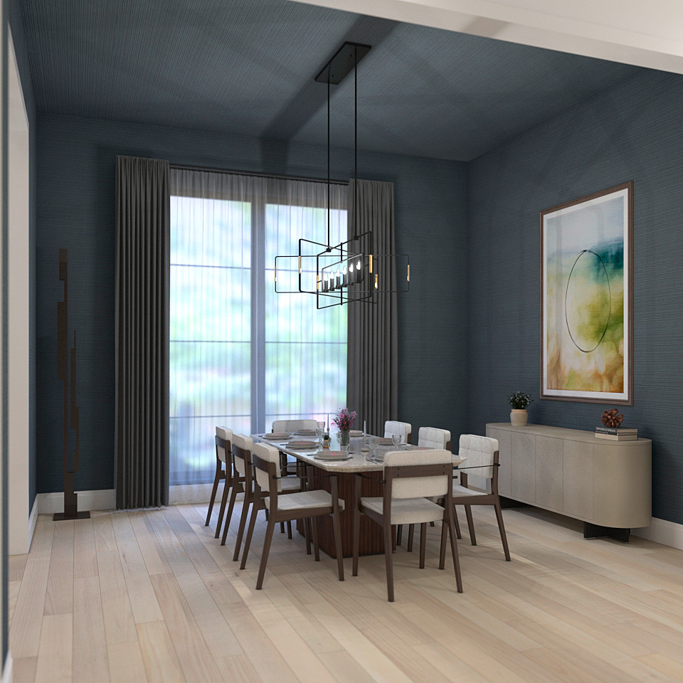 Modern inredning av en mellanstor matplats, med blå väggar, ljust trägolv och beiget golv