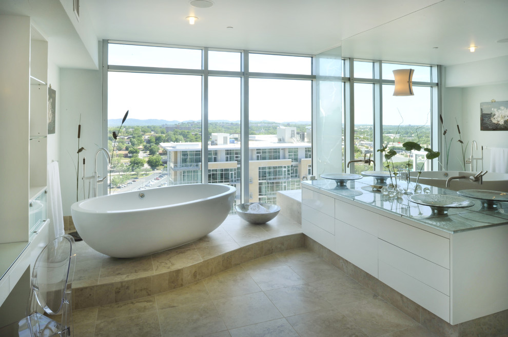 Photo of a contemporary bathroom in Nashville with a vessel sink and a freestanding tub.