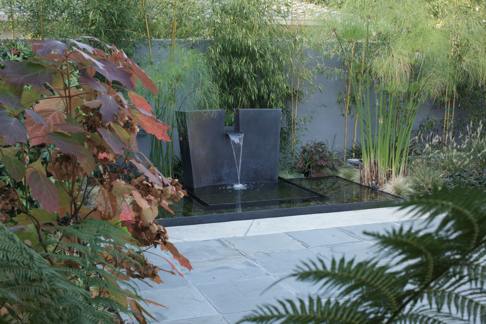 Photo of a modern backyard garden in San Francisco with a water feature and natural stone pavers.