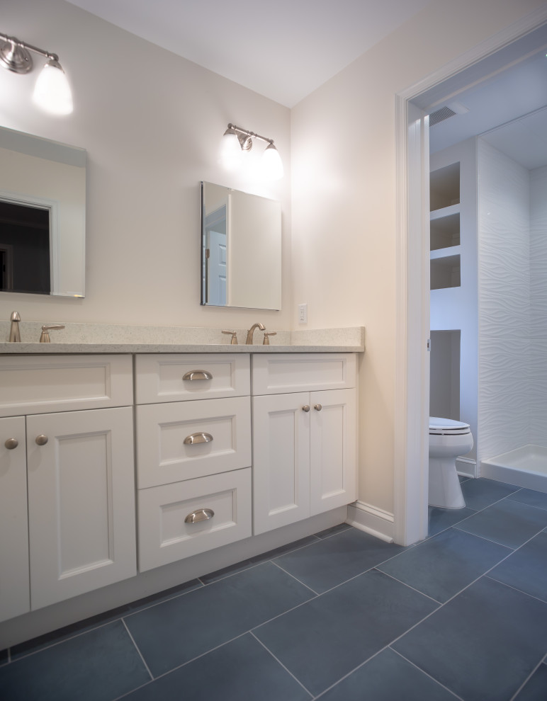 Design ideas for a small transitional master bathroom in Wilmington with shaker cabinets, white cabinets, an alcove shower, white tile, porcelain floors, a drop-in sink, granite benchtops, grey floor, an open shower, grey benchtops, a double vanity and a built-in vanity.