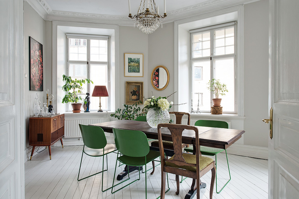 Mid-sized traditional separate dining room in Gothenburg with white walls, painted wood floors and no fireplace.