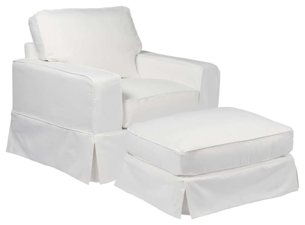 Americana Box Cushion Slipcovered Chair and Ottoman, Performance Fabric, White