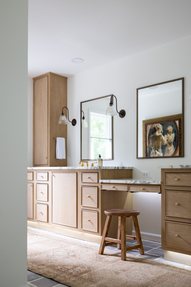 Inspiration for a large transitional master bathroom in Baltimore with light wood cabinets, marble benchtops, grey floor, an enclosed toilet, a double vanity, a built-in vanity, recessed-panel cabinets, a claw-foot tub, a corner shower, cement tiles and multi-coloured benchtops.