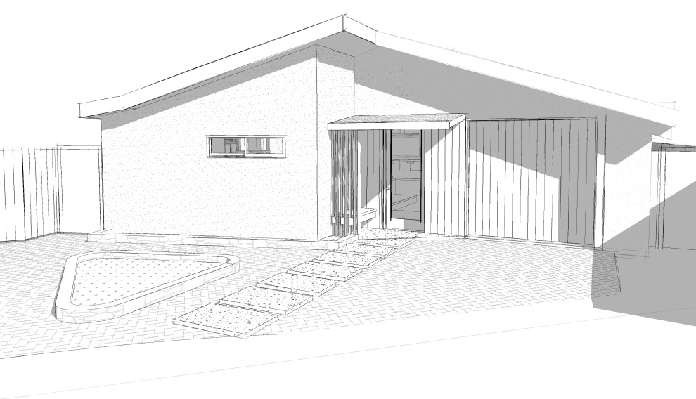Ejemplo de fachada de casa beige y gris retro de tamaño medio de una planta con revestimiento de estuco, tejado a dos aguas y tejado de teja de madera