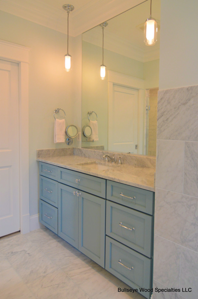 Large traditional ensuite bathroom in DC Metro with shaker cabinets, blue cabinets, engineered stone worktops, white worktops, double sinks and a built in vanity unit.