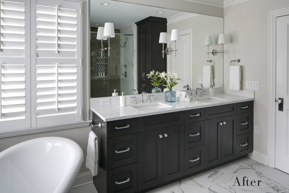 Freestanding bathtub - master porcelain tile and double-sink freestanding bathtub idea in Chicago with shaker cabinets, dark wood cabinets, a two-piece toilet, an undermount sink, quartz countertops, white countertops and a freestanding vanity