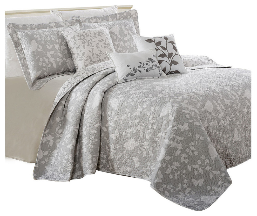 Birdsong 6-Piece Bed Spread Set, Gray, Queen, 90"x90"