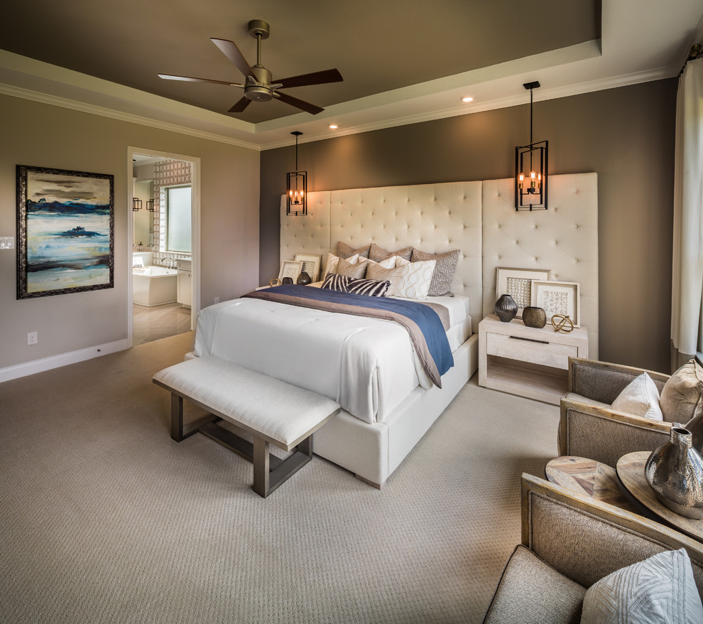Design ideas for a large contemporary master bedroom in Austin with grey walls, carpet and grey floor.