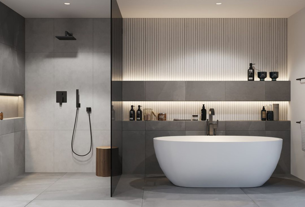 Idee per una stanza da bagno con vasca freestanding, doccia aperta, pareti grigie, pavimento grigio e doccia aperta