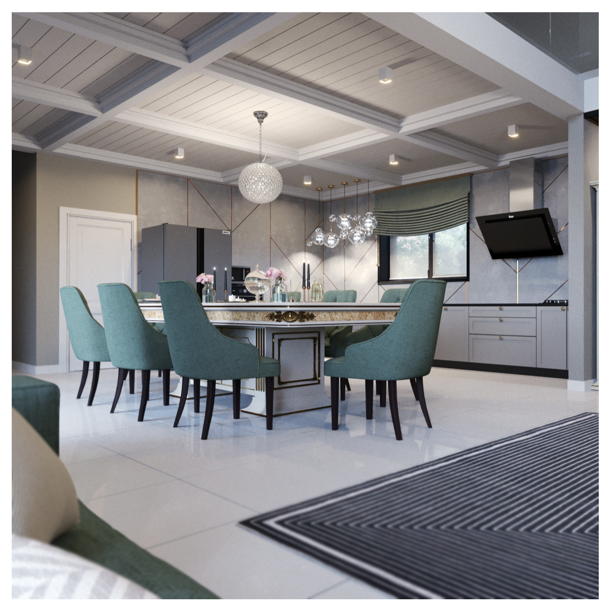 Дизайн интерьера кухни-гостиной со вторым светом в доме.