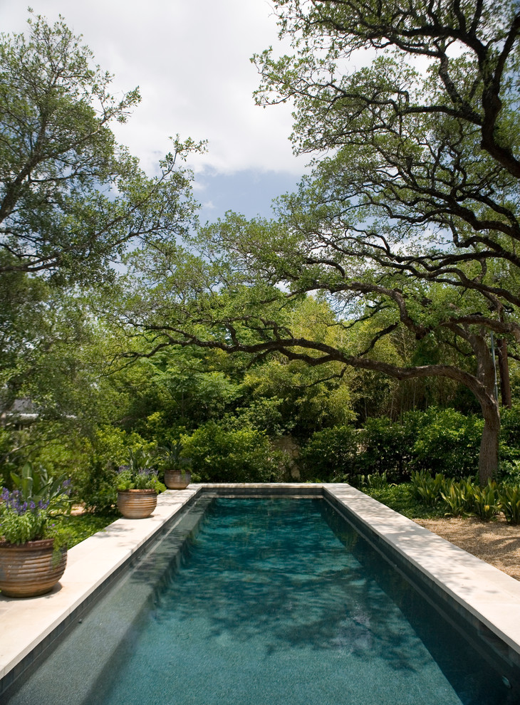 This is an example of a large traditional backyard rectangular lap pool in Austin with natural stone pavers.