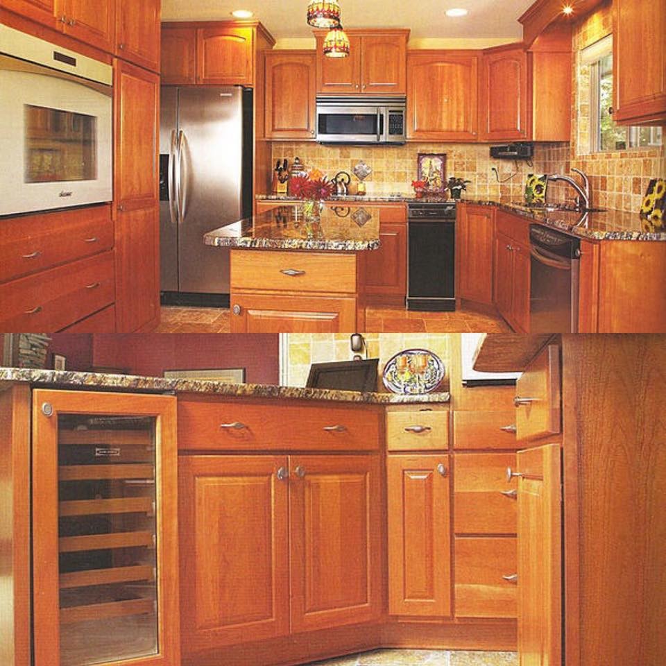 Eat-in kitchen - mid-sized rustic l-shaped marble floor eat-in kitchen idea in Seattle with an undermount sink, raised-panel cabinets, beige cabinets, granite countertops, white backsplash, stone tile backsplash, stainless steel appliances and an island