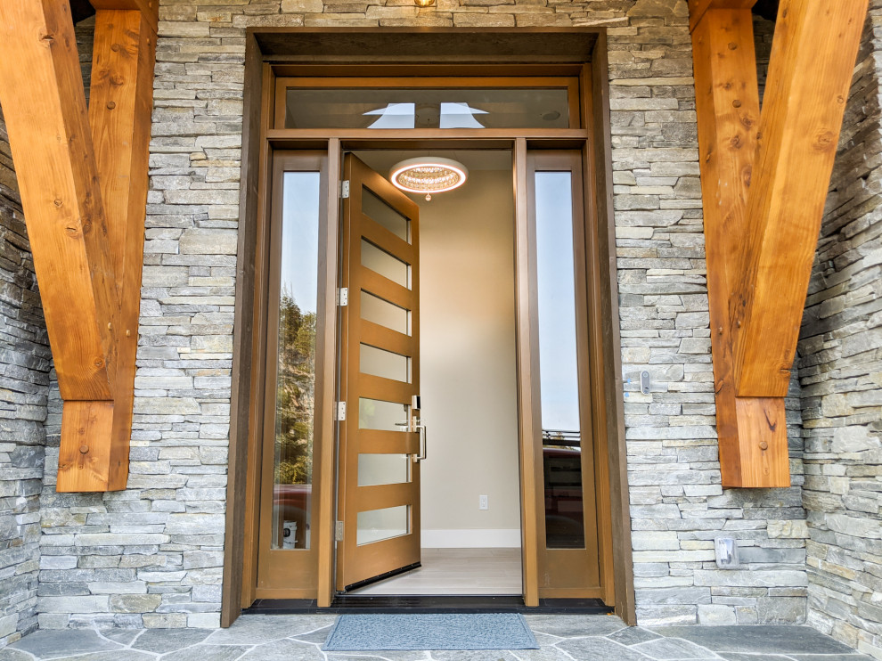 Front door - mid-sized transitional ceramic tile, white floor and exposed beam front door idea with beige walls and a glass front door