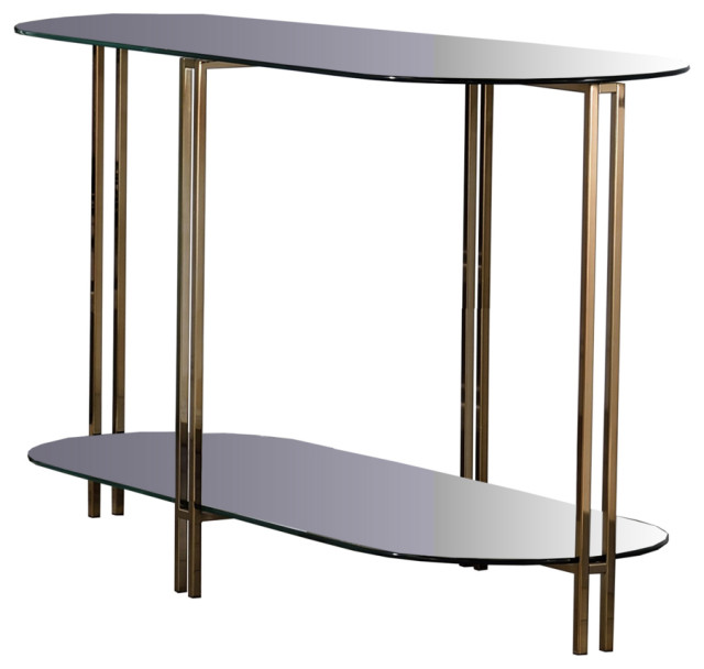 Sofa Table With Glass Top And Open Bottom Glass Shelf Gold Saltoro
